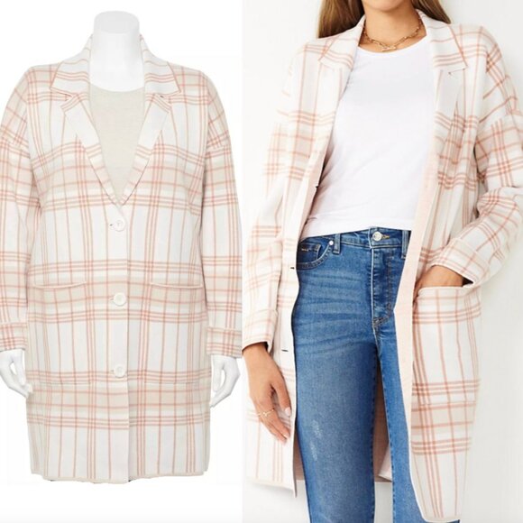 NINE WEST Plaid Sweater Coatigan White ish Cream Beige Tan Long Sweater Blazer L - Picture 1 of 16